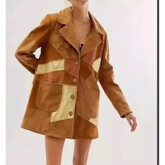 We The Free People Sz XL Jacket Suede Leather Patchwork Coat Boho Retro - Picture 1 of 16